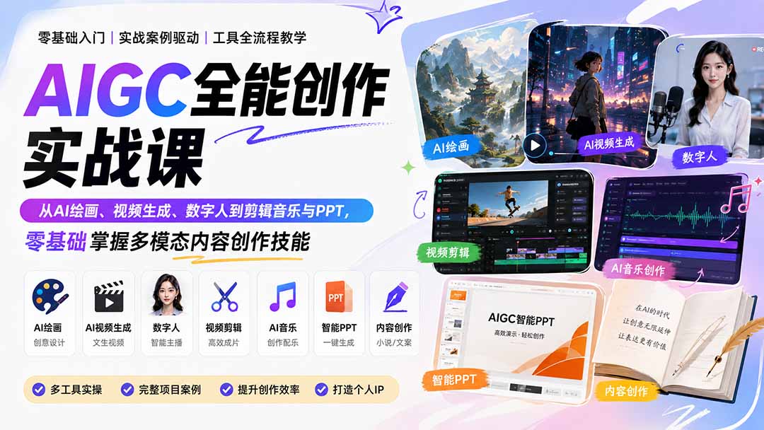 AIGC全能创作实战课：从AI绘画、视频生成、数字人到剪辑音乐与PPT，零基础掌握多模态内容创作技能-梦清研习社