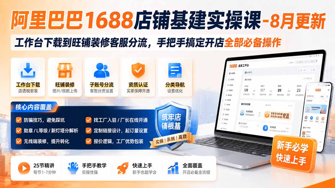 阿里巴巴1688店铺基建实操课-8月更新；工作台下载到旺铺装修客服分流，手把手搞定开店全部必备操作-梦清研习社