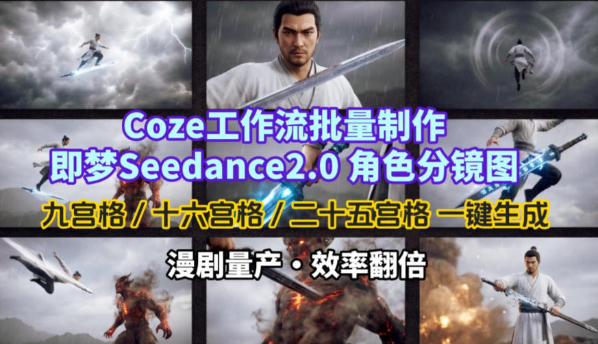 Coze工作流批量制作即梦Seedance2.0角色分镜图,九宫格-十六宫格-二十五宫格一键生成,漫剧量产,效率翻倍-梦清研习社