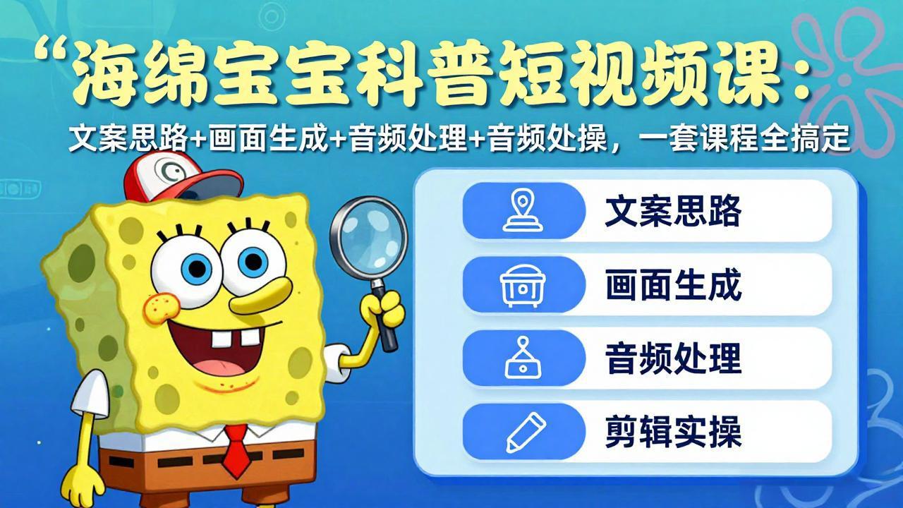 海绵宝宝科普短视频课：文案思路+画面生成+音频处理+剪辑实操，一套课程全搞定-梦清研习社