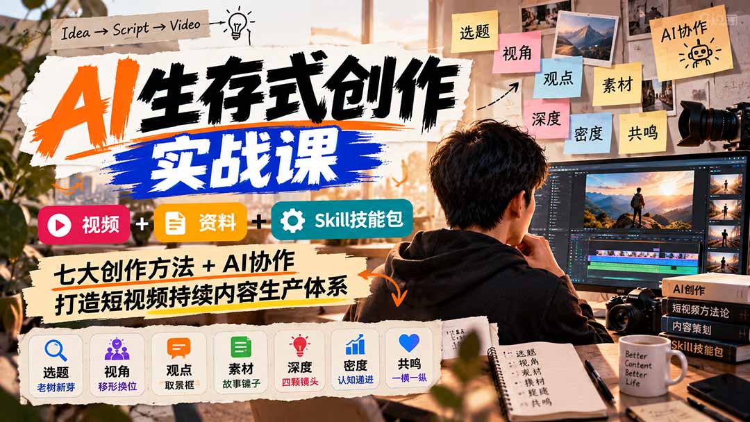 AI生存式创作实战课：视频+资料+Skill技能包，七大创作方法+AI协作，打造短视频持续内容生产体系-梦清研习社