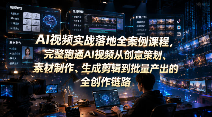 AI视频实战落地全案例课程，完整跑通AI视频从创意策划、素材制作、生成剪辑到批量产出的全创作链路-梦清研习社