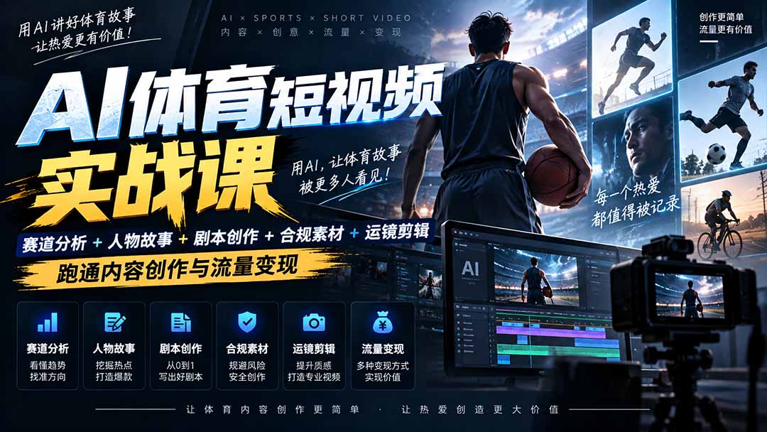 AI体育短视频赛道顶级玩法｜赛道分析+人物故事+剧本创作+版权处理+运镜剪辑，跑通流量变现-日赚1K+-梦清研习社
