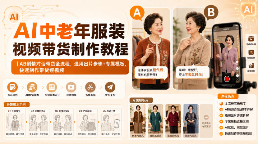AI中老年服装视频带货制作教程｜AB剧情对话带货全流程，通用出片步骤+专属模板，快速制作带货短视频-梦清研习社