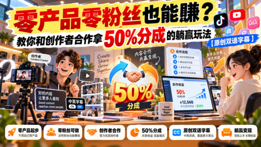【无水印】零产品零粉丝也能賺？教你和创作者合作拿50%分成的躺赢玩法【原创双语字幕】-梦清研习社