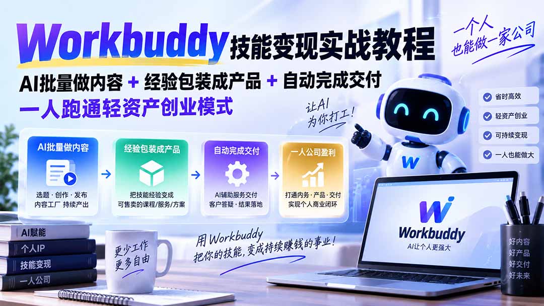 Workbuddy技能变现实战教程：AI批量做内容+经验包装成产品+自动完成交付，一人跑通轻资产创业模式-梦清研习社