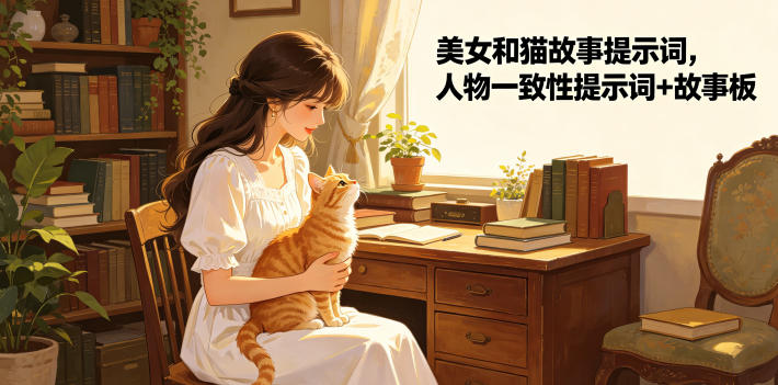 美女和猫故事提示词，人物一致性提示词+故事板-梦清研习社