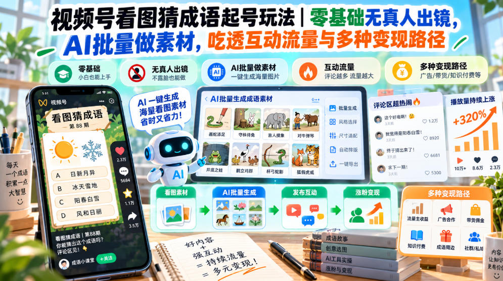 视频号看图猜成语起号玩法｜零基础无真人出镜，AI批量做素材，吃透互动流量与多种变现路径-梦清研习社