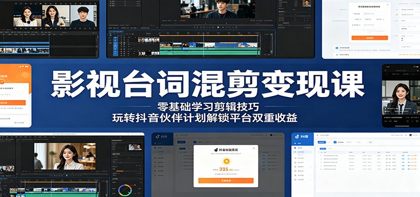 影视台词混剪变现课:零基础学习剪辑技巧,玩转抖音伙伴计划解锁平台双重收益-梦清研习社