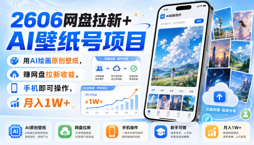2606网盘拉新+AI壁纸号项目，用AI绘画原创壁纸，賺网盘拉新收益，手机即可操作，月入1W+-梦清研习社