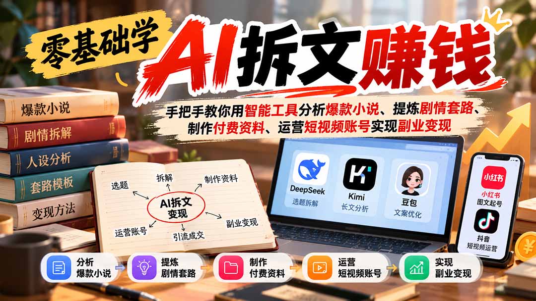 零基础学AI拆文赚钱：手把手教你用智能工具分析爆款小说、提炼剧情套路、制作付费资料、运营短视频账号实现副业变现-梦清研习社