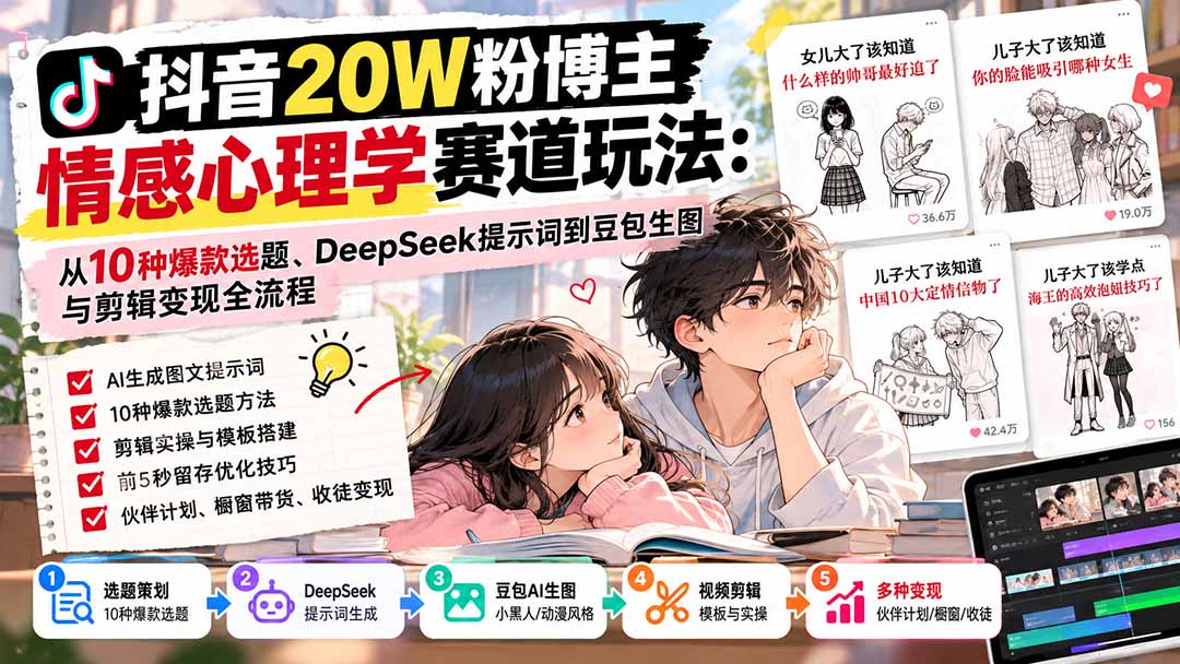 抖音20W粉博主-情感心理学赛道玩法：从10种爆款选题、DeepSeek提示词到豆包生图与剪辑变现全流程-梦清研习社