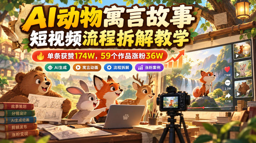 AI动物寓言故事短视频流程拆解教学，单条获赞174W，59个作品涨粉36W-梦清研习社