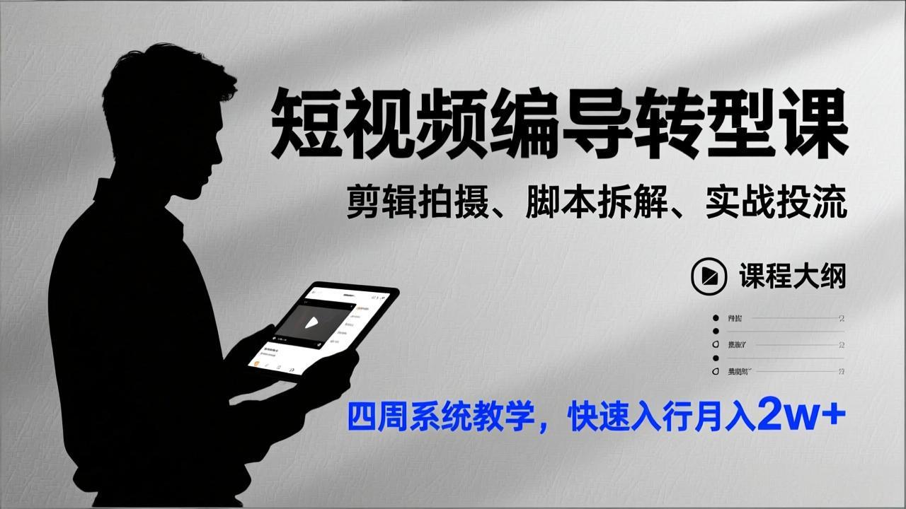 短视频编导转型课，剪辑拍摄、脚本拆解、实战投流，四周系统教学，快速入行月入2w+-梦清研习社