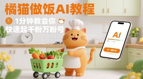 有趣的橘猫买菜做饭视频，用AI一键搞定，1分钟教会你，快速起千粉万粉号-梦清研习社