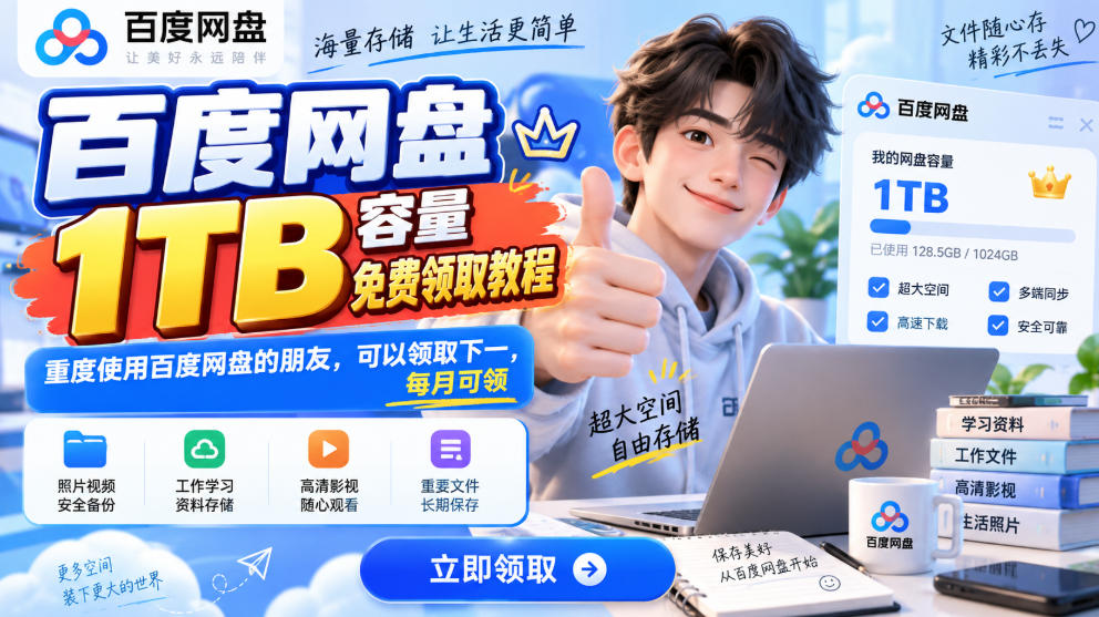 百度网盘1TB容量免费领取教程，重度使用百度网盘的朋友，可以领取下一，每月可领-梦清研习社