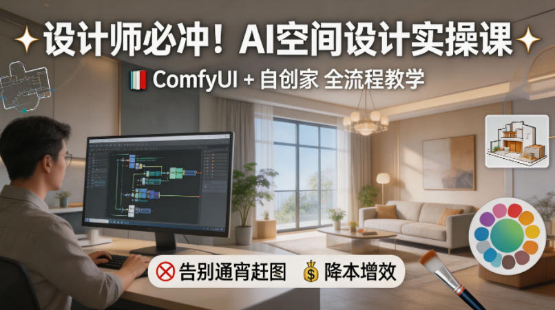 设计师必冲！AI空间设计实操课，ComfyUI+自创家全教学，告别通宵赶图，降本增效-梦清研习社