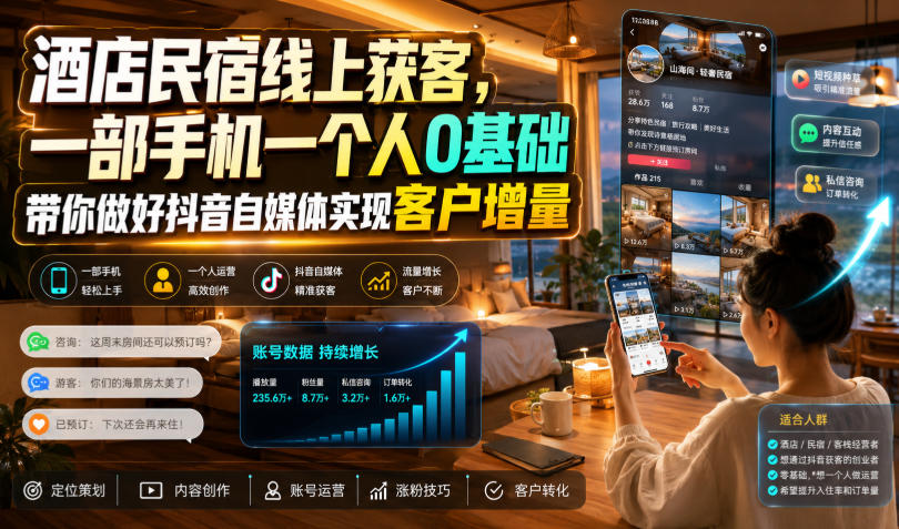 酒店民宿线上获客，一部手机一个人0基础带你做好抖音自媒体实现客户增量-梦清研习社