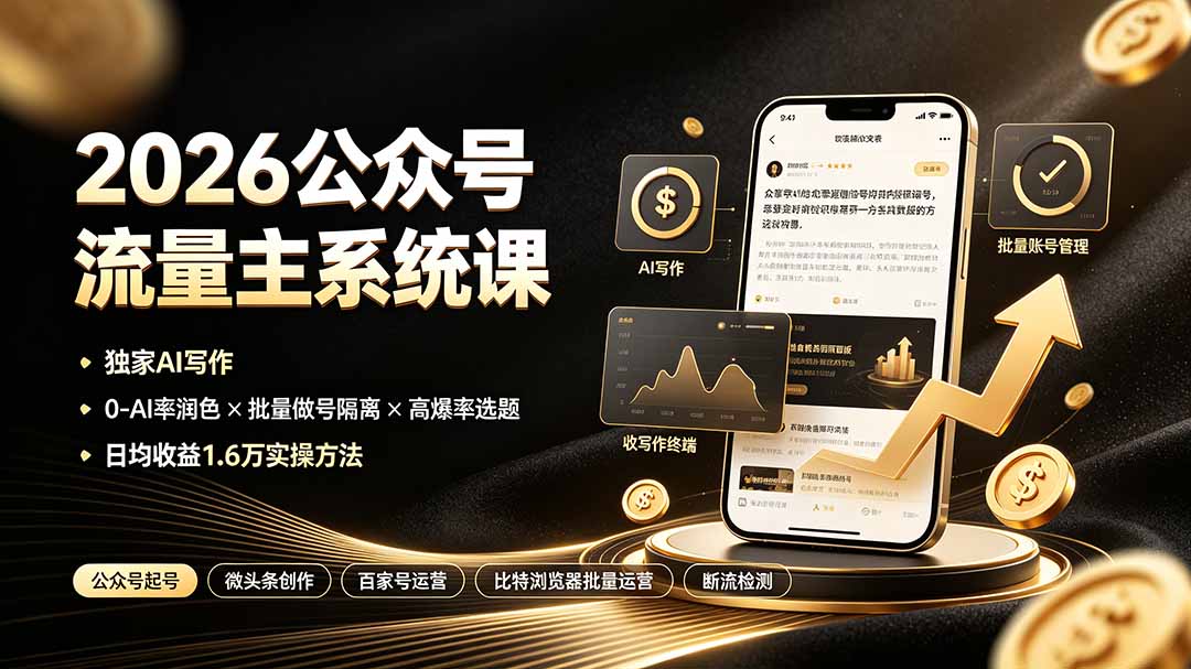 2026公众号流量主系统课：独家AI写作×0-AI率润色×批量做号隔离×高爆率选题，日均收益1.6万实操方法-梦清研习社