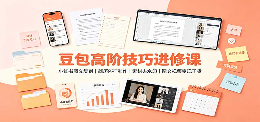 豆包高阶技巧进修课：小红书图文复刻，简历PPT制作，素材去水印，图文视频变现干货-梦清研习社