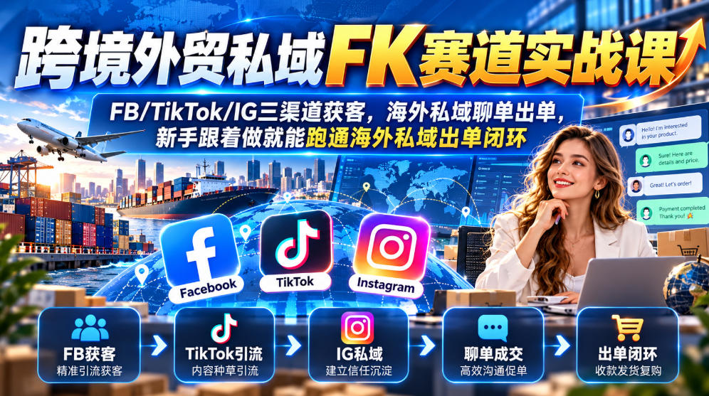 跨境外贸私域FK赛道实战课｜FB/TikTok/IG三渠道获客，海外私域聊单出单，新手跟着做就能跑通海外私域出单闭环-梦清研习社