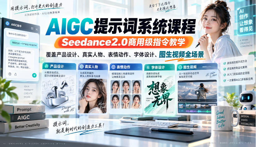 AIGC提示词系统课程，Seedance2.0商用级指令教学，覆盖产品设计、真实人物、表情动作、字体设计、图生视频全场景-梦清研习社