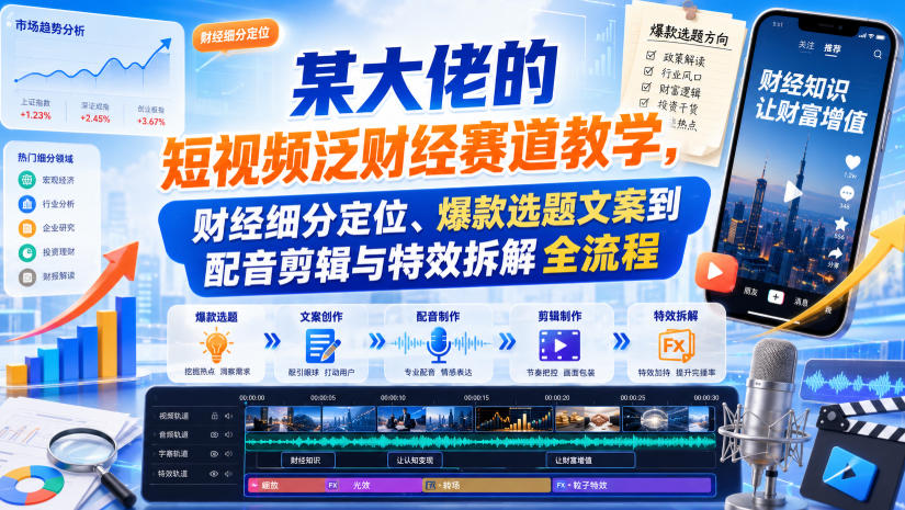 某大佬的短视频泛财经赛道教学,财经细分定位、爆款选题文案到配音剪辑与特效拆解全流程-梦清研习社