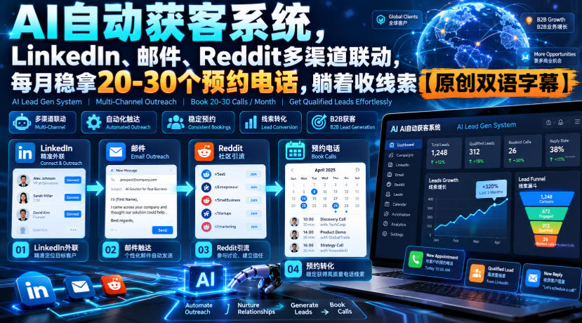 【无水印】AI自动获客系统，LinkedIn、邮件、Reddit多渠道联动，每月稳拿20-30个预约电话，躺着收线索【原创双语字幕】-梦清研习社