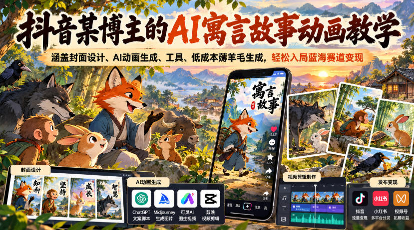抖音某博主的AI寓言故事动画教学，涵盖封面设计、AI动画生成、工具、低成本薅羊毛生成，轻松入局蓝海赛道变现-梦清研习社
