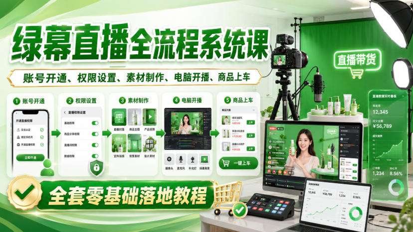 绿幕直播全流程系统课，账号开通、权限设置、素材制作、电脑开播、商品上车全套零基础落地教程-梦清研习社