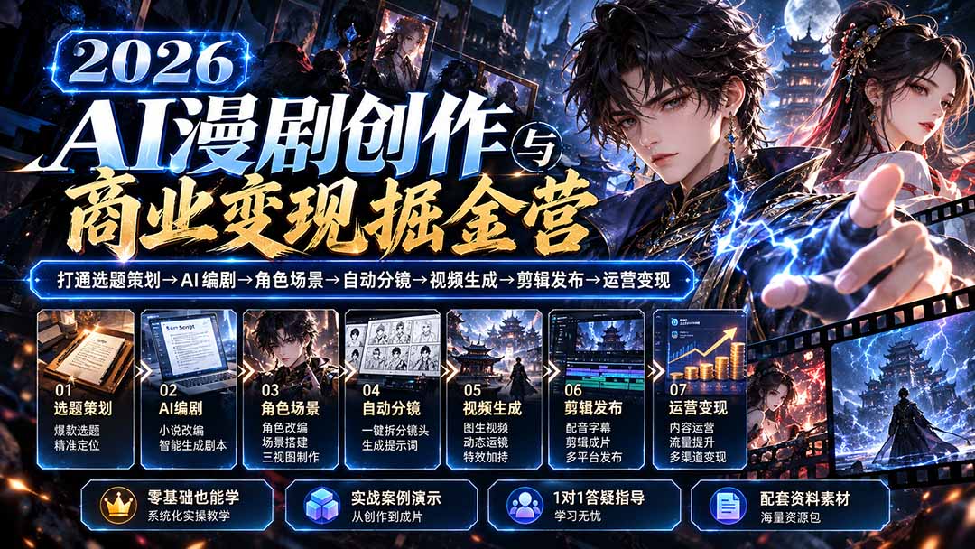 【无水印】2026AI漫剧创作与商业变现掘金营：打通选题→AI编剧→角色场景→自动分镜→视频生成→剪辑发布→运营变现-梦清研习社