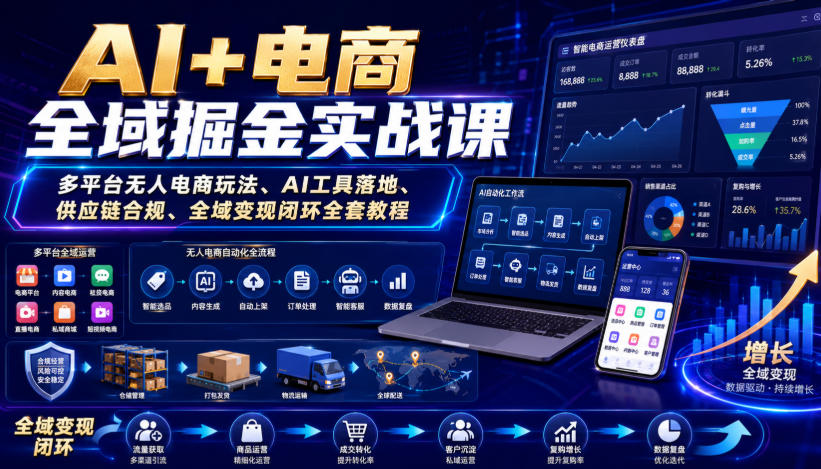 AI+电商全域掘金实战课｜多平台无人电商玩法、AI工具落地、供应链合规、全域变现闭环全套教程-梦清研习社