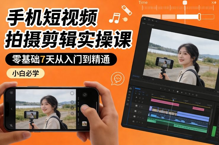 手机短视频拍摄剪辑实操课，零基础7天从入门到精通，小白必学-梦清研习社