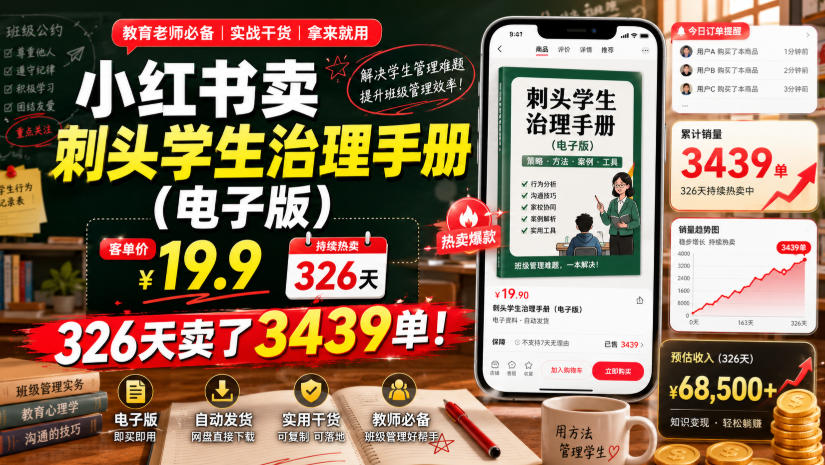 小红书卖刺头学生治理手册(电子版)，客单价19.9，326天卖了3439单！-梦清研习社