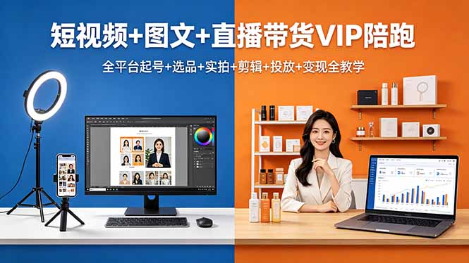 短视频+图文+直播带货VIP陪跑，全平台起号+选品+实拍+剪辑+投放+变现全教学-梦清研习社