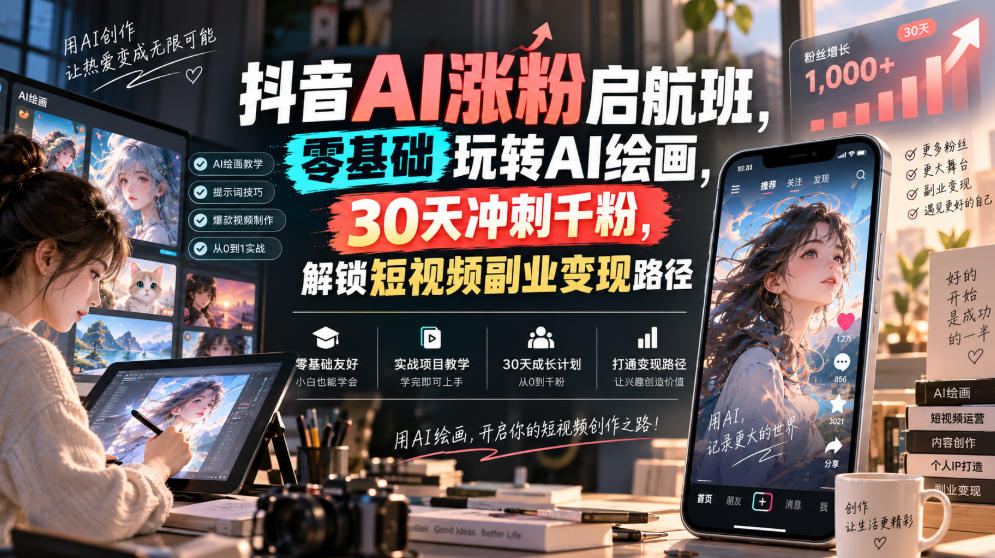 抖音AI涨粉启航班，零基础玩转AI绘画，30天冲刺千粉，解锁短视频副业变现路径-梦清研习社