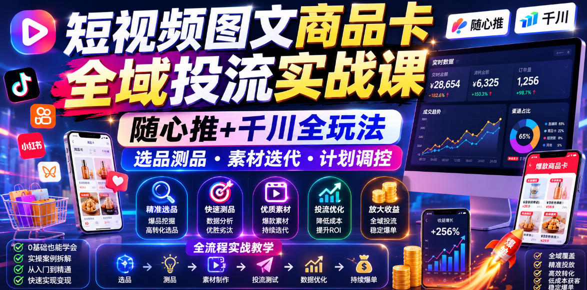 短视频图文商品卡全域投流实战课，随心推+千川全玩法，选品测品・素材迭代・计划调控，提升ROI爆单增收教程-梦清研习社