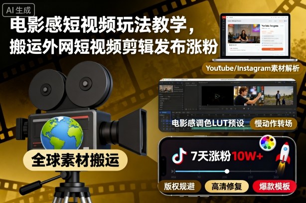 电影感短视频玩法教学，搬运外网短视频剪辑发布涨粉-梦清研习社
