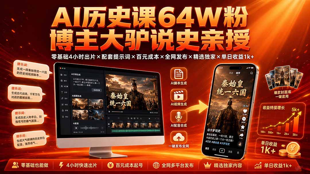 AI历史课64W粉博主大驴说史亲授:零基础4小时出片×配套提示词×百元成本×全网发布×精选独家×单日收益1k+-梦清研习社