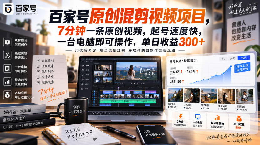 百家号原创混剪视频项目，7分钟一条原创视频，起号速度快，一台电脑即可操作，单日收益300+-梦清研习社