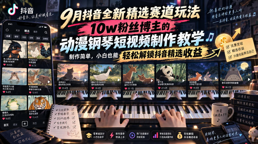 9月抖音全新精选赛道玩法，10w粉丝博主的动漫钢琴短视频制作教学，制作简单，小白也能轻松解锁抖音精选收益-梦清研习社