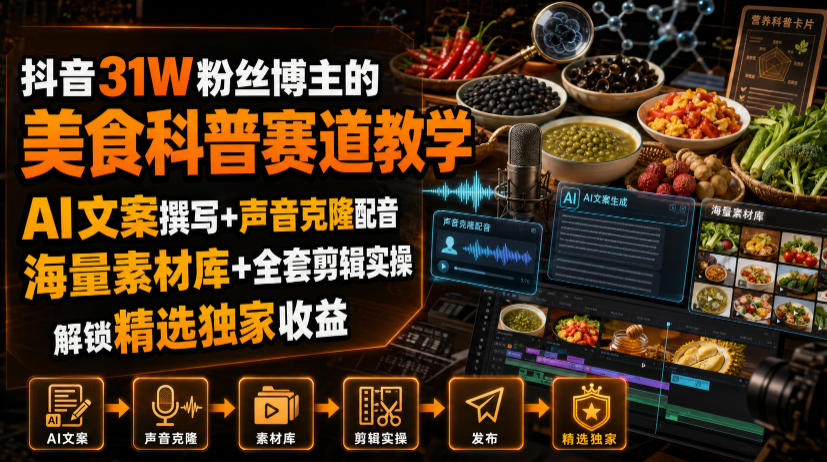 抖音31W粉丝博主的美食科普赛道教学，AI文案撰写+声音克隆配音+剪辑实操，解锁精选独家收益-梦清研习社