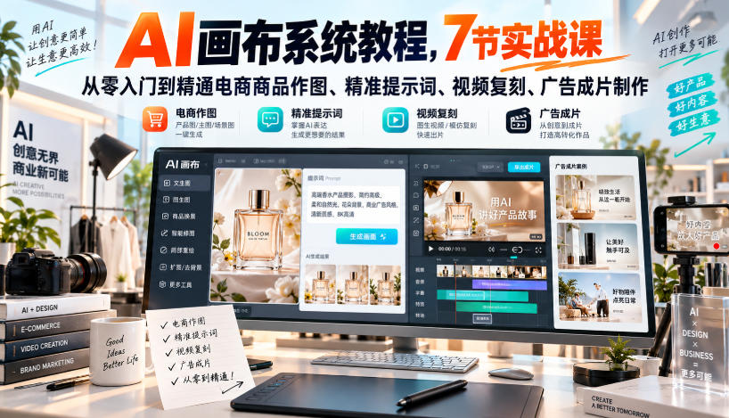 AI画布系统教程，7节实战课从零入门到精通电商商品作图、精准提示词、视频复刻、广告成片制作-梦清研习社
