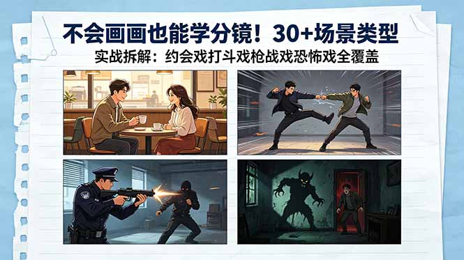 不会画画也能学分镜！30+场景类型实战拆解：约会戏打斗戏枪战戏恐怖戏全覆盖-梦清研习社