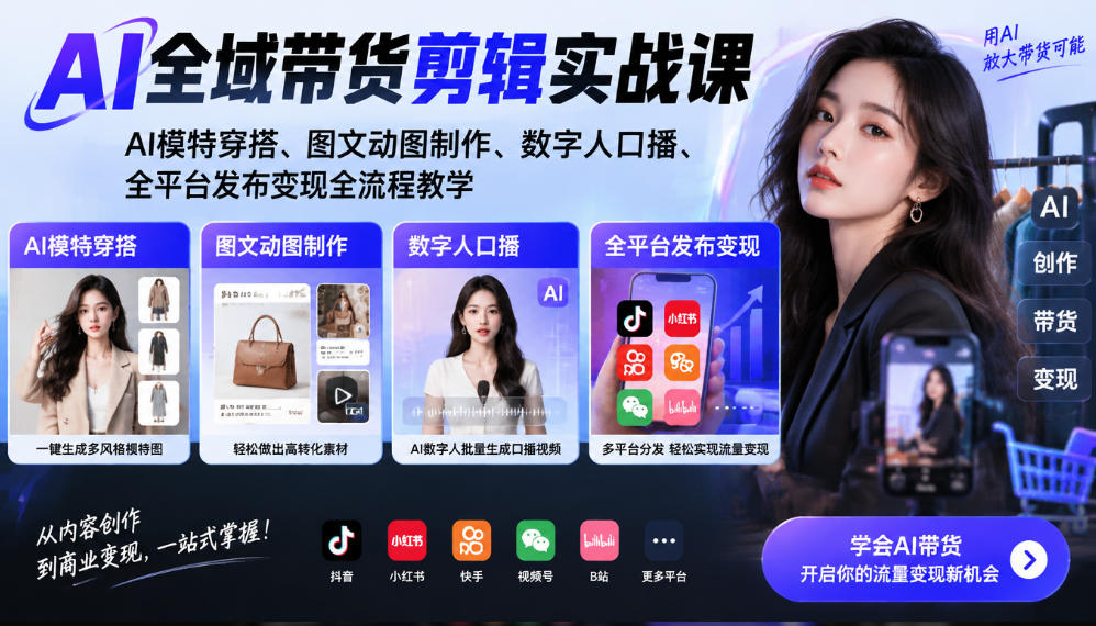 AI全域带货剪辑实战课|AI模特穿搭、图文动图制作、数字人口播、全平台发布变现全流程教学-梦清研习社