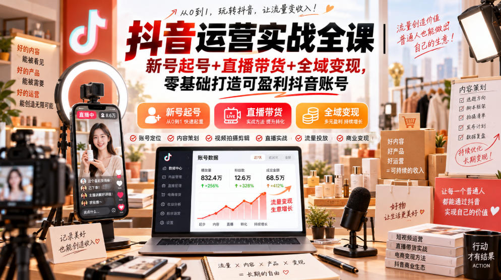 抖音运营实战全课｜新号起号+直播带货+全域变现，零基础打造可盈利抖音账号-梦清研习社