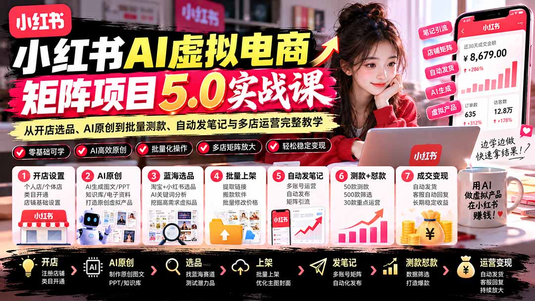 小红书AI虚拟电商矩阵5.0实战课：从开店选品、AI原创到批量测款、自动发笔记与多店运营完整教学-梦清研习社