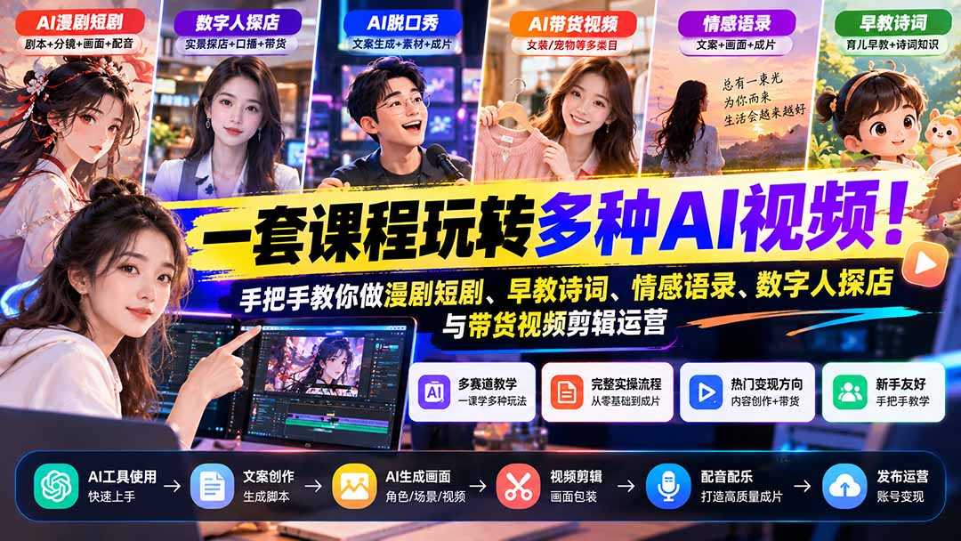 【无水印】一套课程玩转多种AI视频！手把手教你做漫剧短剧、早教诗词、情感语录、数字人探店与带货视频剪辑运营-梦清研习社