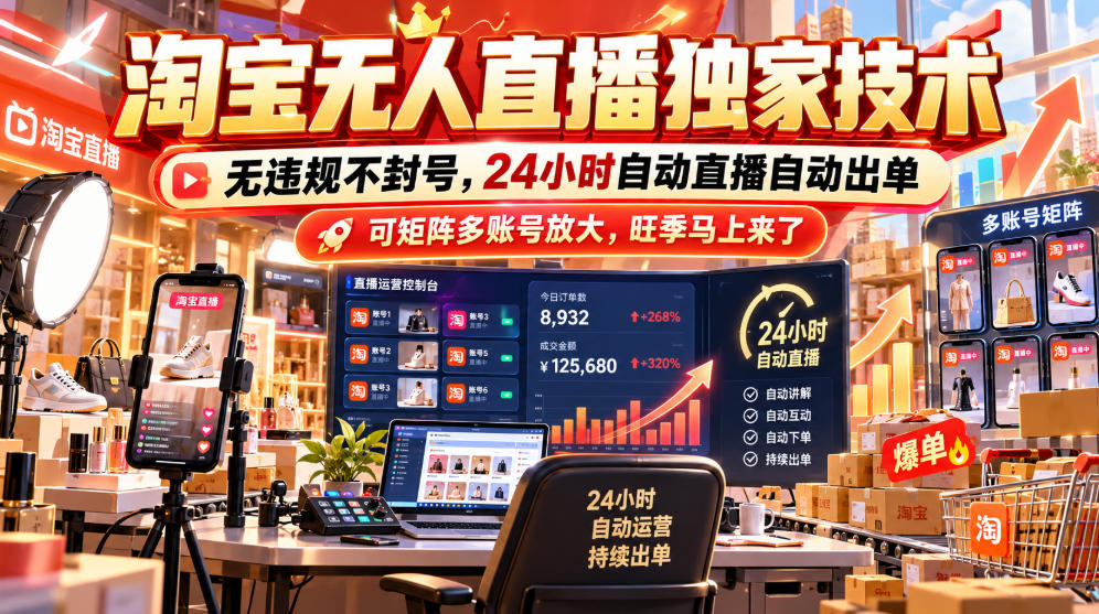 淘宝无人直播独家技术，无违规不封号，24小时自动直播自动出单，可矩阵多账号放大，旺季马上来了【揭秘】-梦清研习社