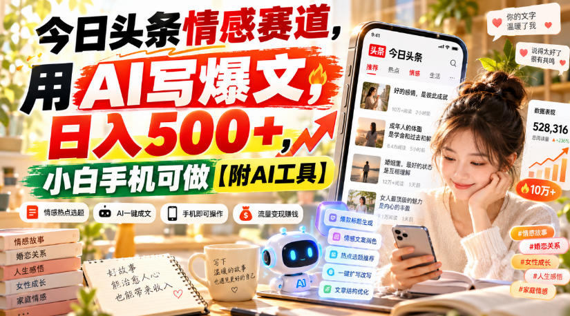今日头条情感赛道，用AI写爆文，日入500+，小白手机可做【附AI工具】-梦清研习社